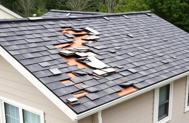 Wind damage on roof shingles